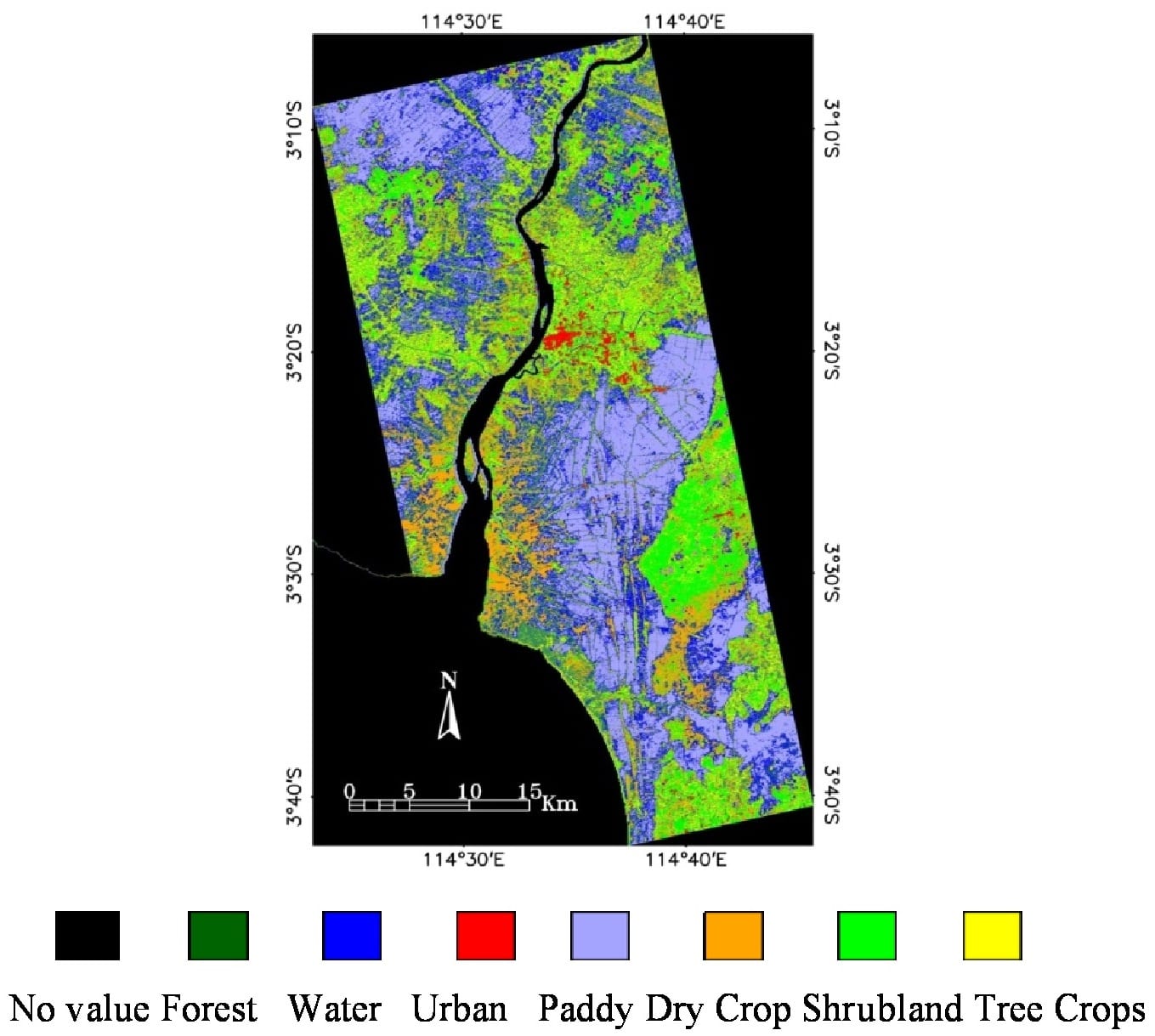 Figure 2: Land cover classification map derived from 13 bands of HH, HV, VH and VV, and the coherency T3 matrix classified by the subspace method. The overall classification accuracy is 72.4% with _¼ = 0.6762.