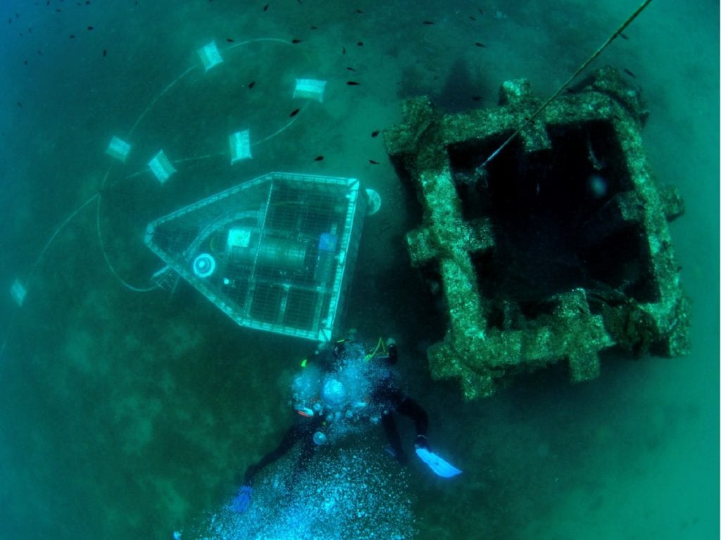 Fig. 3 Two scuba divers performing maintenance tasks on OBSEA, located next to an artificial reef.