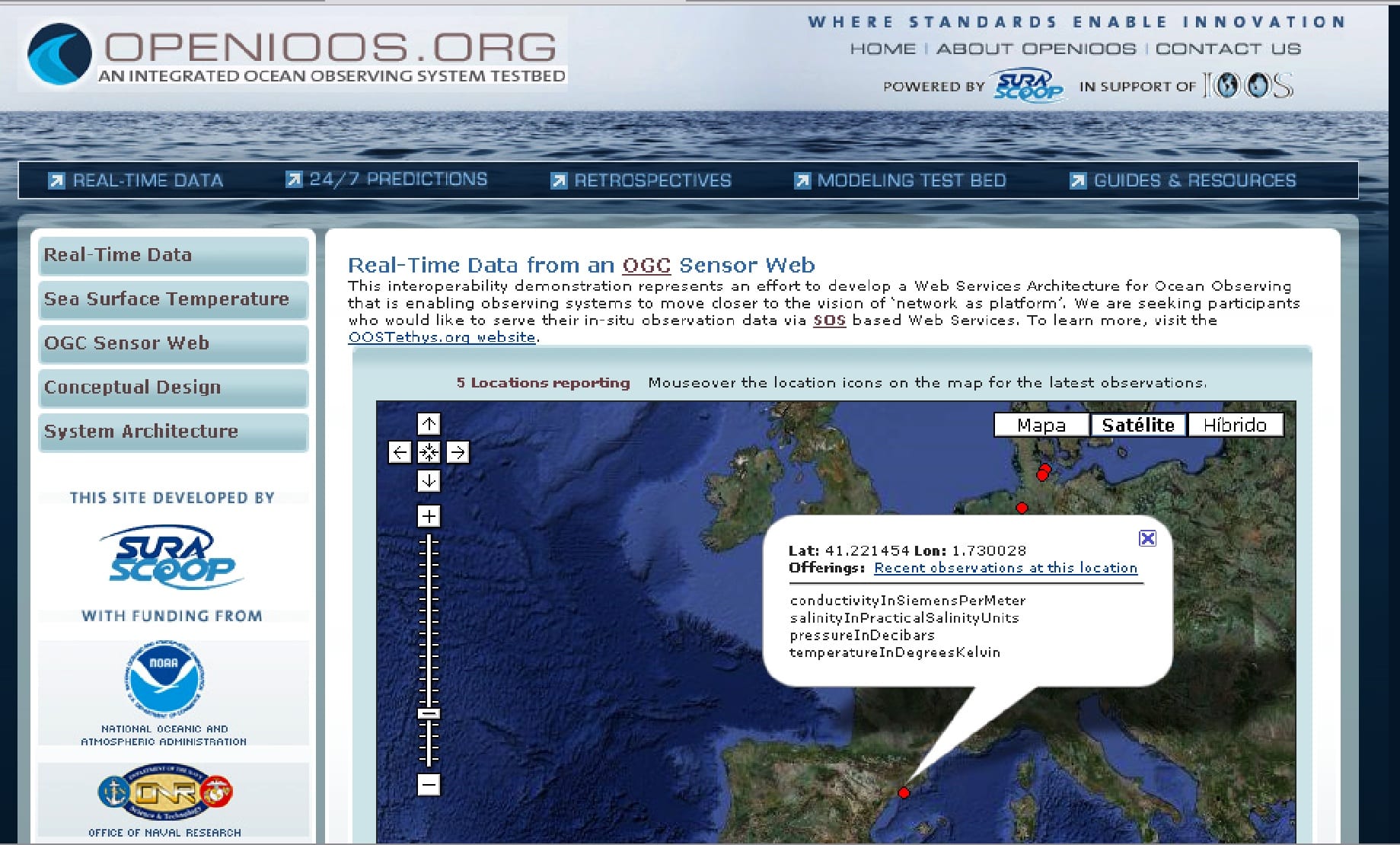 Fig. 4 How standards make ocean sensors and data pop-up on a web-browser. The objective goes further than displaying numbers with SI Units: this is, in fact, the user-end--a machine-readable format is also provided through open standards for computers to collect, process and trigger useful events like alerts. Here the Openioos site is used from a web browser.