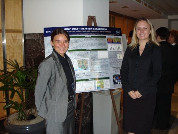 DEVELOP students Madeline Brozen and Lauren Childs present their research at NASA Headquarters following a live broadcast on NASA Television.