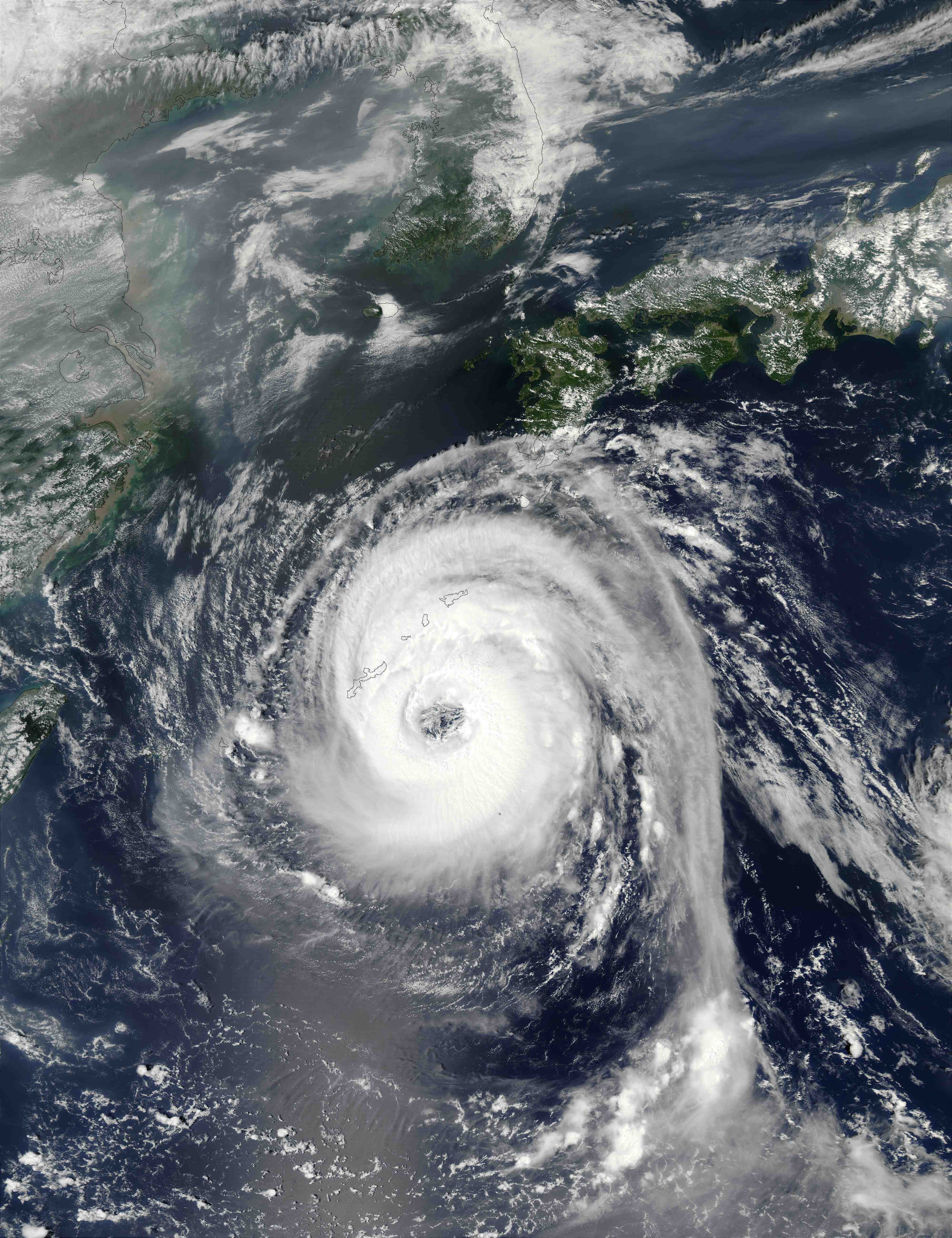 Typhoon Sinlaku weakened to a tropical storm by September 19, 2008 as it continued along Japan's east coast. Sinlaku  is the name of a goddess worshipped on the island of Kosrae in Micronesia, according to the Hong Kong Observatory, which lists tropical cyclone names in use in the Pacific. Photo Credit: NASA JPL