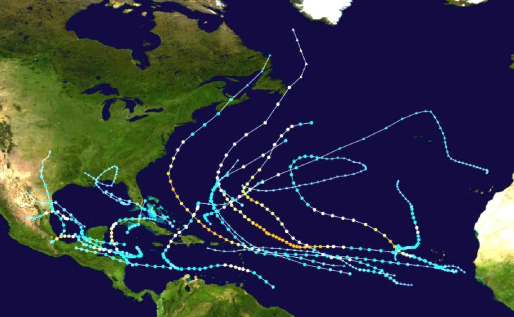 Figure 2.  Track and intensity of hurricanes and tropical storms in the Atlantic Basin during the 2010 hurricane season.  (Source: NASA / NOAA)