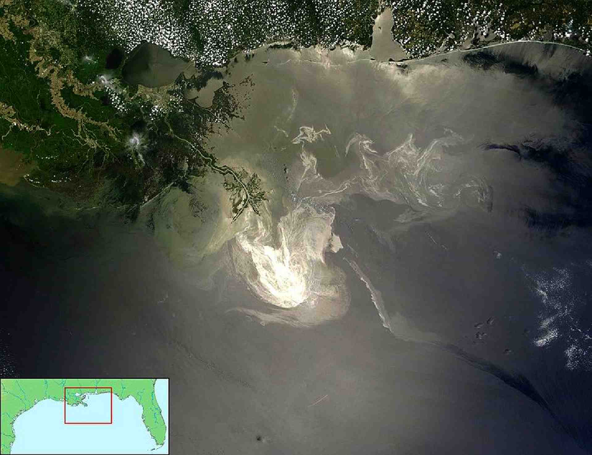 Image 2: MODIS sunglint imagery from May 24, 2010 with inlaid study area map for geographic reference. The oil is clearly seen as the shiny light-colored mass in the center.