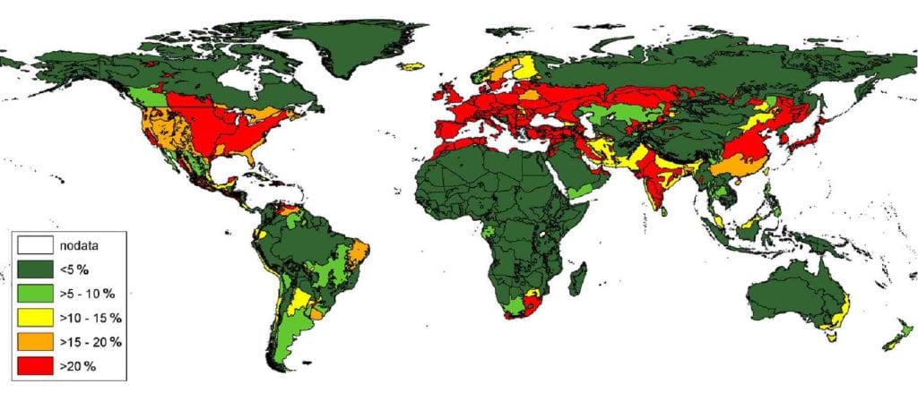 Figure 2: Exposure of protected areas to artificial night lighting and approximated human influence (Protected Areas Human Impact Indicator, PAHI). Biome and country boundaries are intersected to come up with higher resolution reference units.