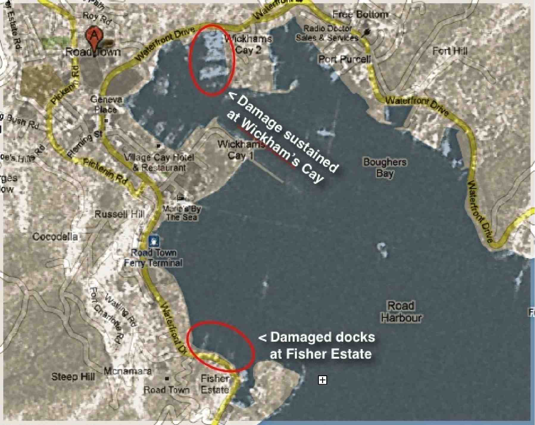 Figure 3.  Illustration (detail) of coastal damage indicated on RADARSAT-2 ultrafine mode imagery acquired over Road Town, Tortola, British Virgin Islands, on September 2, 2010, two days after the passage of Hurricane Earl. (Credit: Dendron Resource Surveys, MDA and Google Earth, 2010)