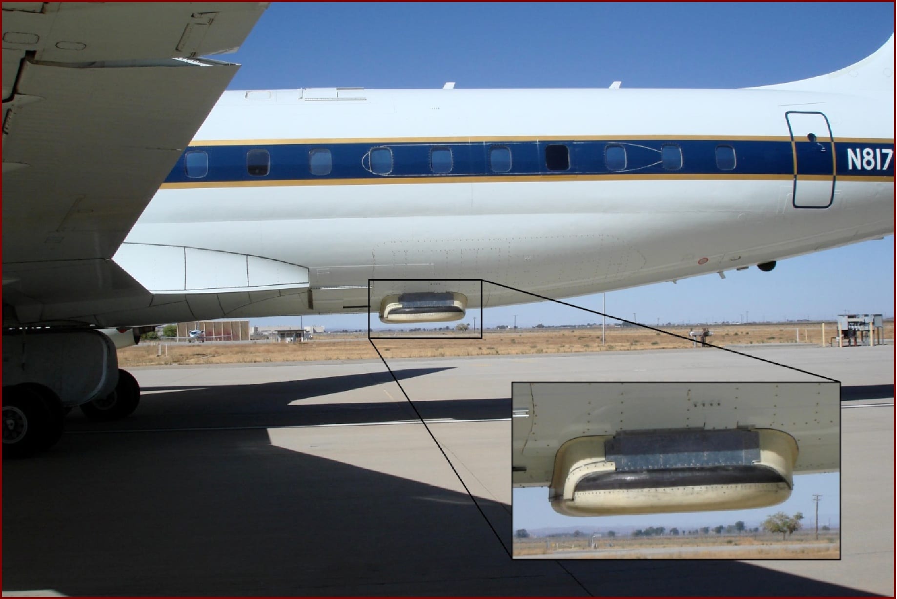 Image of The NASA DC-8 aircraft after installation of the radar package. Credit: CReSIS