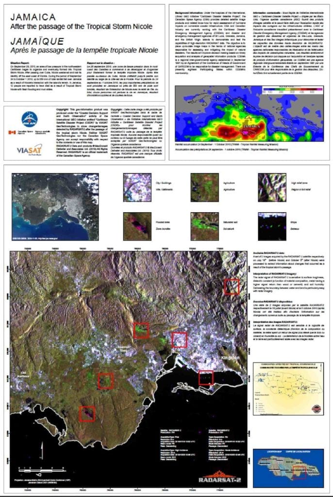 Figure 5. Example of a CSDP Project #2 trial product (reduced in size) with regional RADARSAT-2 change detection (large map) of the Kingston and Spanish Town area of Jamaica, involving radar imagery acquired on July 18 and immediate after the passage of Tropical Storm Nicole on October 5, 2010. (Credit: CSA and VIASAT Geotechnologies, RADARSAT data copyright MDA 2010)  