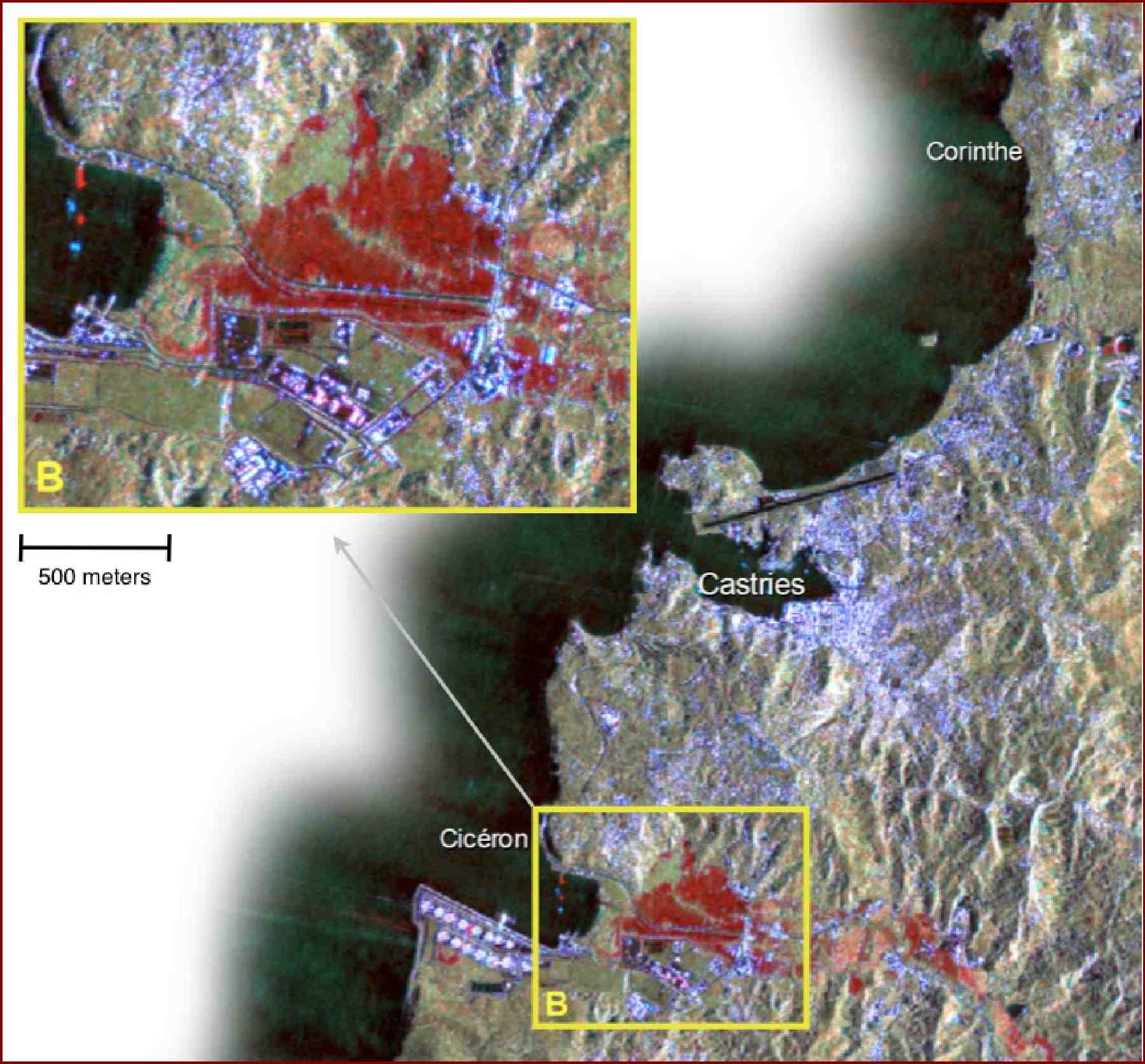Figure 6.  Illustration of a detailed RADARSAT-2 Ultra-fine mode change detection image product of October 24 and October 30 radar data acquisitions for Saint Lucia, clearly showing extent of local flooding (marked in red) in low-lying areas following the passage of Hurricane Tomas. (Credit: CSA and VIASAT Geotechnologies, RADARSAT data copyright MDA 2010)