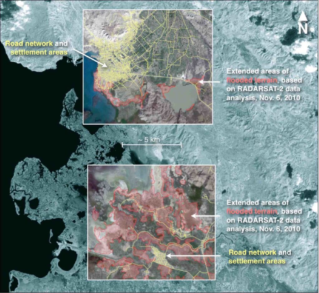 Figure 7.  Detailed composite EO information product based on RADARSAT-2, EO-1 ALI and Landsat-TM data, indicating extended flooded terrain in the Gonaives region of Haiti, following the passage of Hurricane Tomas on November 5, 2010 (see text for further detail). (Credit: CSA and VIASAT Geotechnologies, ALI and Landsat data courtesy of NASA, RADARSAT data copyright MDA 2010) 