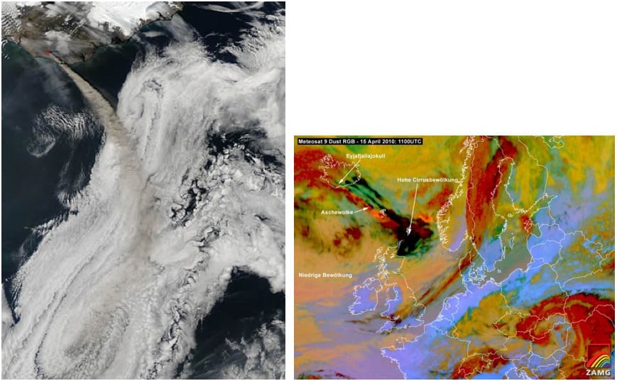 Figure 3: The eruption of the volcano EyjafjallajÌ¦kull in Iceland in April 2010 as seen from space in EUMETSAT satellite images (copyright, EUMETSAT 2010).