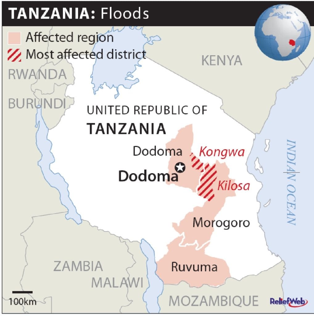 Figure showing the location of Tanzanian Floods, January 2010
