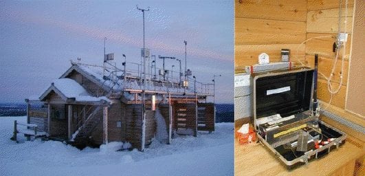 Image of the Pallas-Sammaltunturi research station in the subarctic region at the northernmost limit of the boreal forest and a climatology computer inside