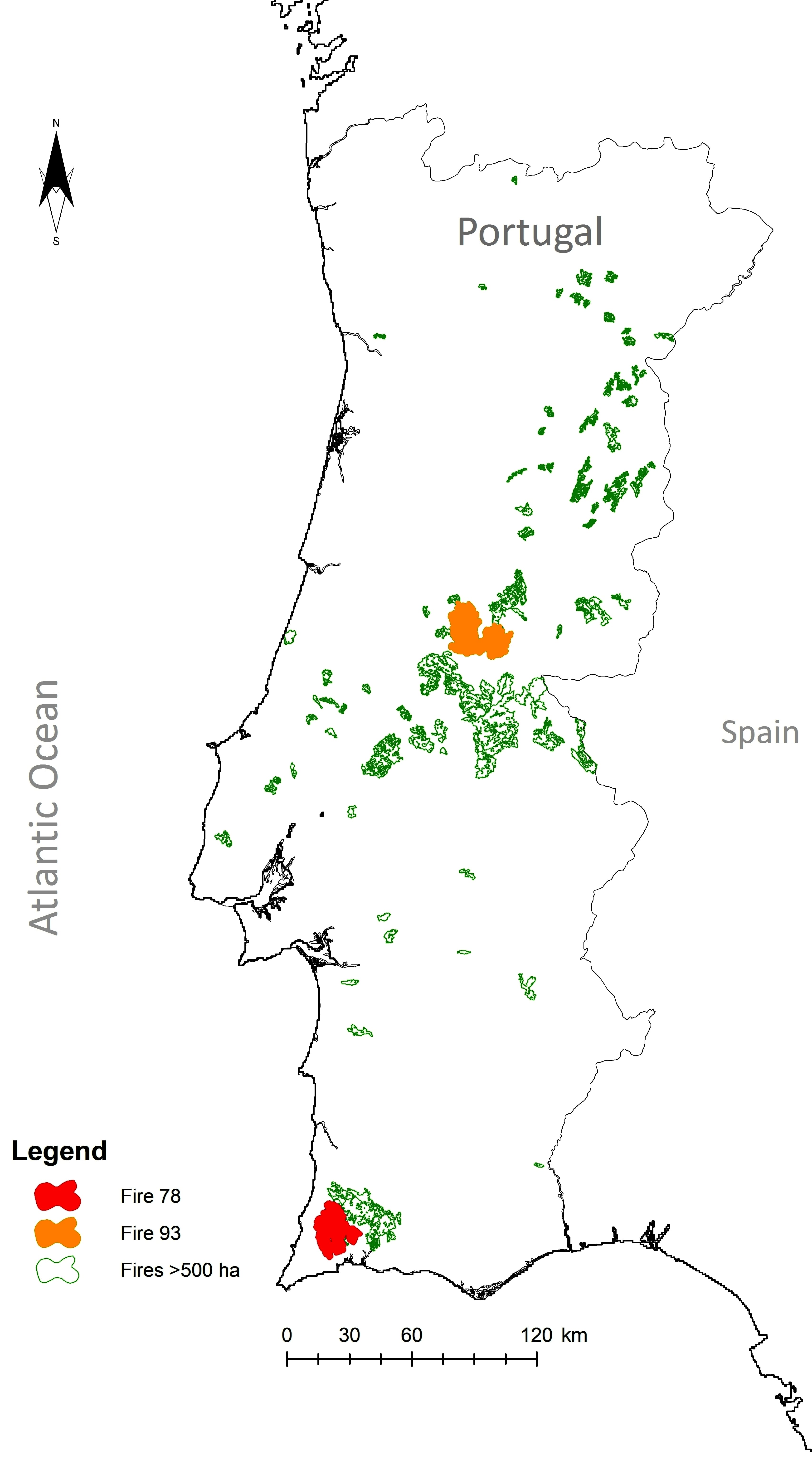 Map of portugal showing burned areas