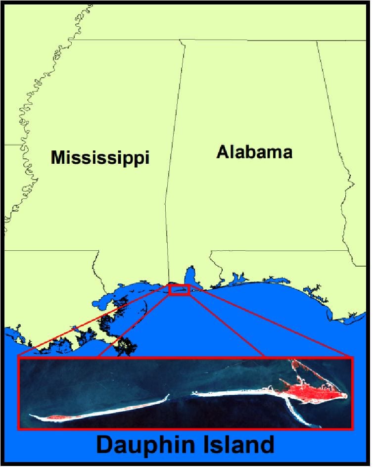 Map of Alabama and Mississippi with inset of Dauphin islands