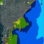 Map of the maximum sea elevation computed for the Catania area. It shows a small difference between the maximum inundation line (for the worst-case scenario) and the black-lined inundation boundary according to an aggregated scenario (from [Tinti et al., 2011])