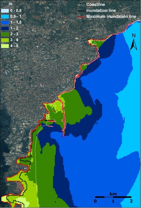 Map of the maximum sea elevation computed for the Catania area. It shows a small difference between the maximum inundation line (for the worst-case scenario) and the black-lined inundation boundary according to an aggregated scenario (from Tinti et al., 2011)