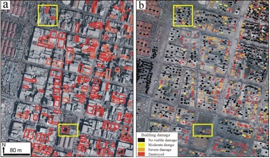 Example of collaborative damage mapping results based on 15 cm aerial imagery by expert volunteers organized by ImageCat for parts of Port-au-Prince.