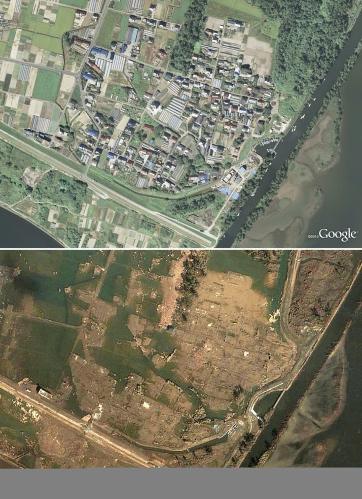 Before-and-after images of the areas affected by the tsunami.  