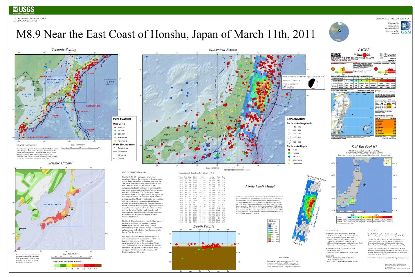 This Poster of the Near the East Coast of Honshu, Japan Earthquake of 11 March 2011 - Magnitude 8.9, created by the USGS, pulls together imagery and information related not only to the March 11 event but also to foreshocks that were felt during preceding days.
