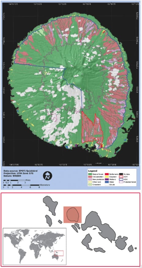 Figure 2:  Assessing Progress in Re-Plantation Projects. The land cover map of 2008, based on SPOT and Landsat data, showed that the re-plantation project has resulted in a 220ha increase in new plantation (mainly Eucalyptus) area (in pink) inside the EIB project area (AOI1 in red contour). The area in white could not be classified due to the presence of clouds. Courtesy GRAS, Spot Image,  and help of Luxspace Sarl.
