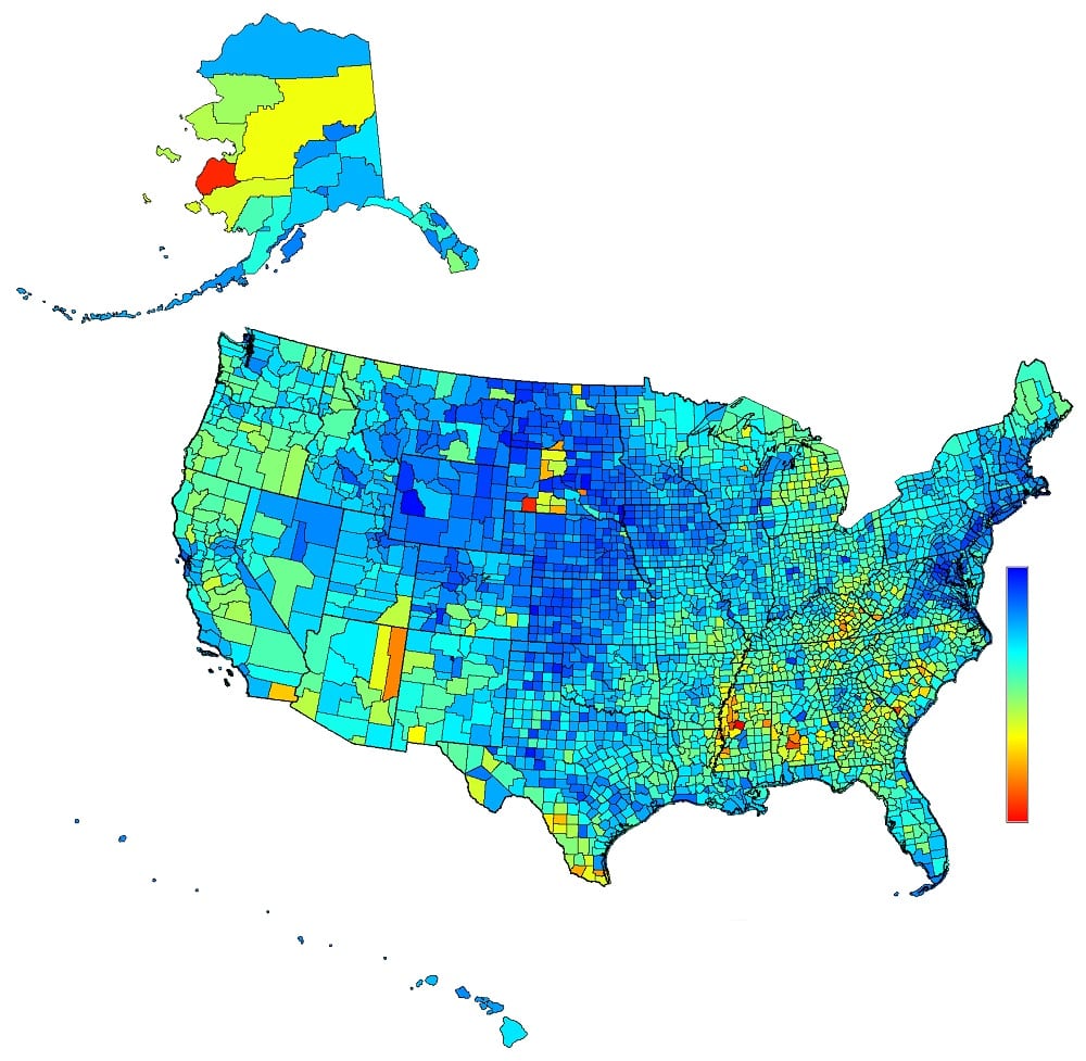 Map showing Economic Fabric Index USA, Prototype Version 0.1. Blue indicates relatively better situations.