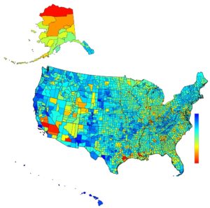 Map showing Environmental Fabric Index USA, Prototype Version 0.1. Blue indicates relatively better situations.