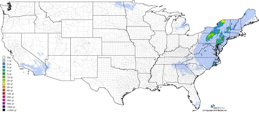 Figure showing METSTAT produced maximum 6-hour ARI based on high-resolution gauge-adjusted radar rainfall from WDT during the period September 30, 2010 through October 1, 2010, a period of particularly wet weather across the northeastern United States. Figure showing METSTAT produced maximum 6-hour ARI based on high-resolution gauge-adjusted radar rainfall from WDT during the period September 30, 2010 through October 1, 2010, a period of particularly wet weather across the northeastern United States.
