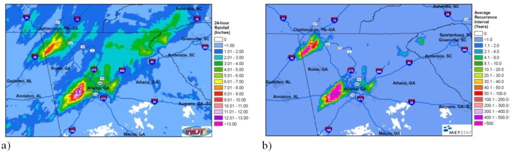 Figure showing (a) Total 24-hour rainfall, in inches, ending on September 21, 2009 1200 UTC and (b) corresponding ARI in years. Figure showing (a) Total 24-hour rainfall, in inches, ending on September 21, 2009 1200 UTC and (b) corresponding ARI in years.