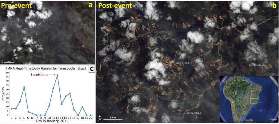  pre- and post-event images (a, b) over TeresÌ_polis, Brazil follwoing landslides