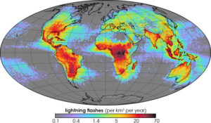 Map of the earth showing lightning flashes per square kilometer