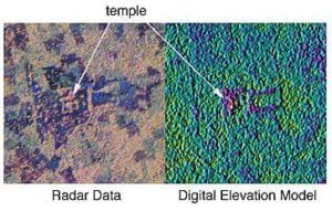 Two satellite images of cleared temple grounds before and after