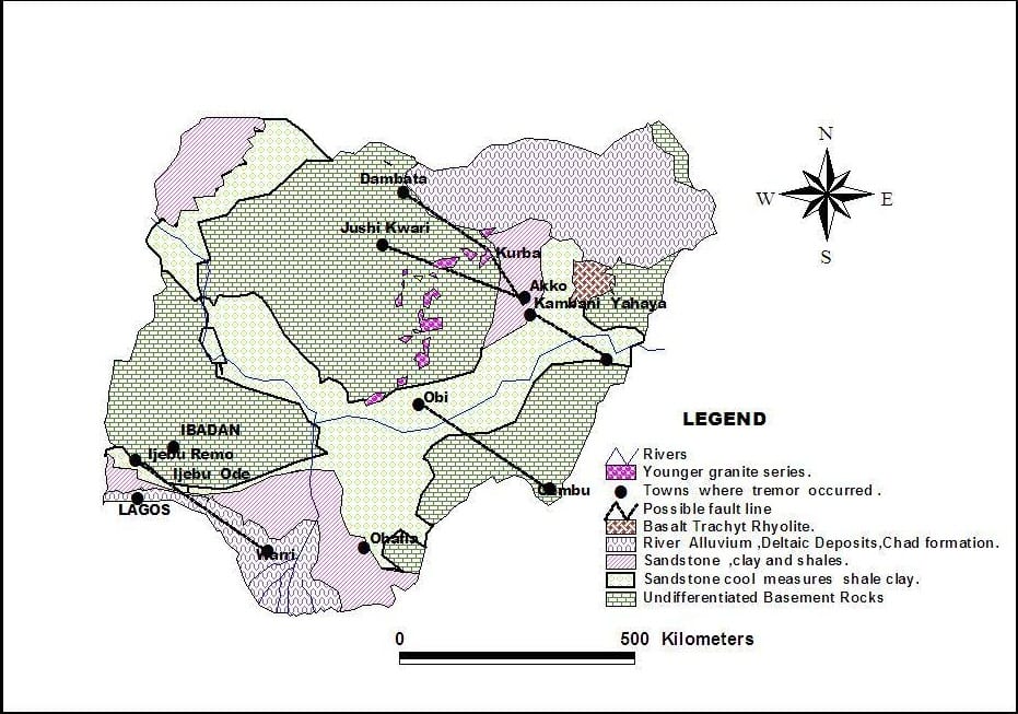 Geoloigcal Map of Nigeria Showing Locations of Earth Tremor.