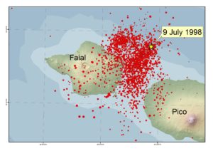 map showing Epicentre of the July 9th, 1998 Faial earthquake and aftershocks.