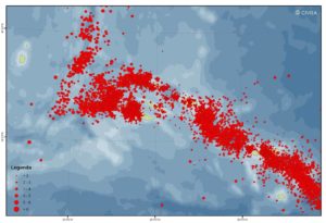 map showing seismic activity in the Azores region for the last 30 years.