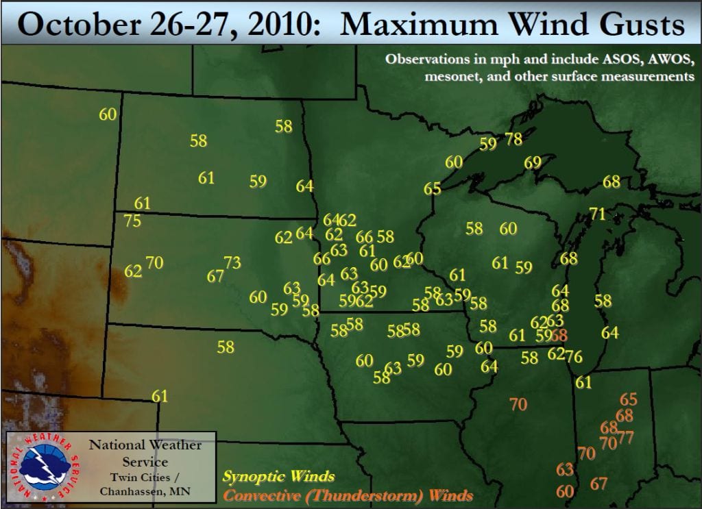 Figure showing Selected non-convective “synoptic” wind gust maxima (yellow numbers, in mph) across the upper Midwest U.S. on October 26-27, 2010.