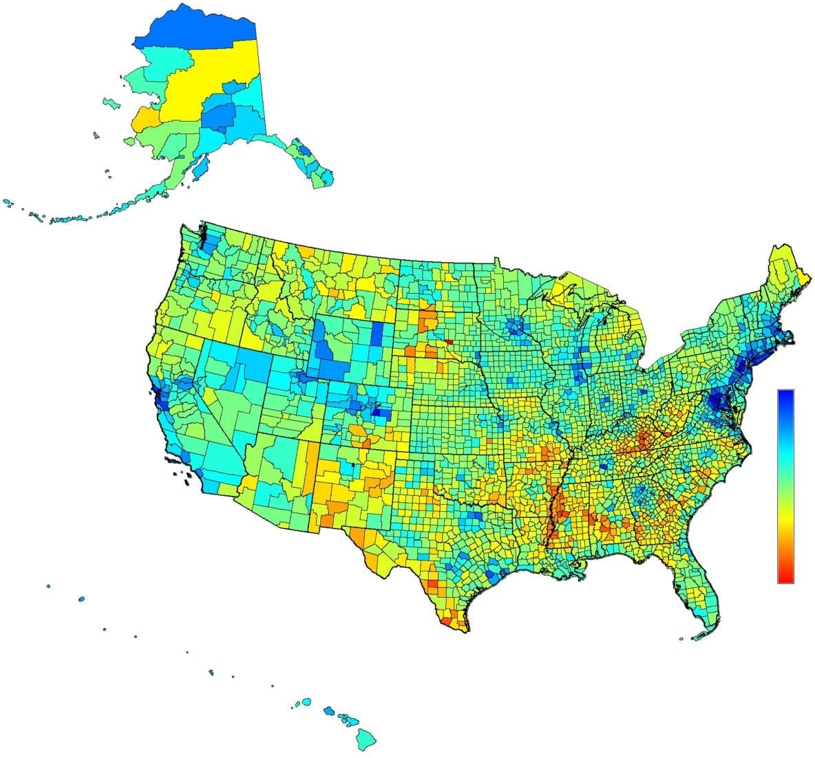 Figure showing Log(Median Household Income), part of Human Security Index USA Prototype Version 0.1. Blue indicates relatively higher income => better situations.