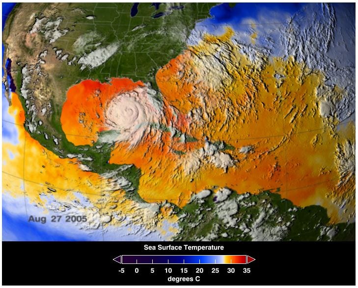 Image showing Warm ocean waters fuel hurricanes, and there was plenty of warm water for Hurricane Katrina to build up strength once she crossed over Florida and moved into the Gulf of Mexico in August 2005. This image depicts a 3-day average of actual sea surface temperatures (SSTs) for the Caribbean Sea and the Atlantic Ocean, from Aug. 25-27, 2005. Every area in yellow, orange or red represents 82 degrees Fahrenheit or above. A hurricane needs SSTs at 82 degrees or warmer to strengthen. The data came from the Advanced Microwave Scanning Radiometer (AMSR-E) instrument on NASA's Aqua satellite. Credit: NASA/SVS