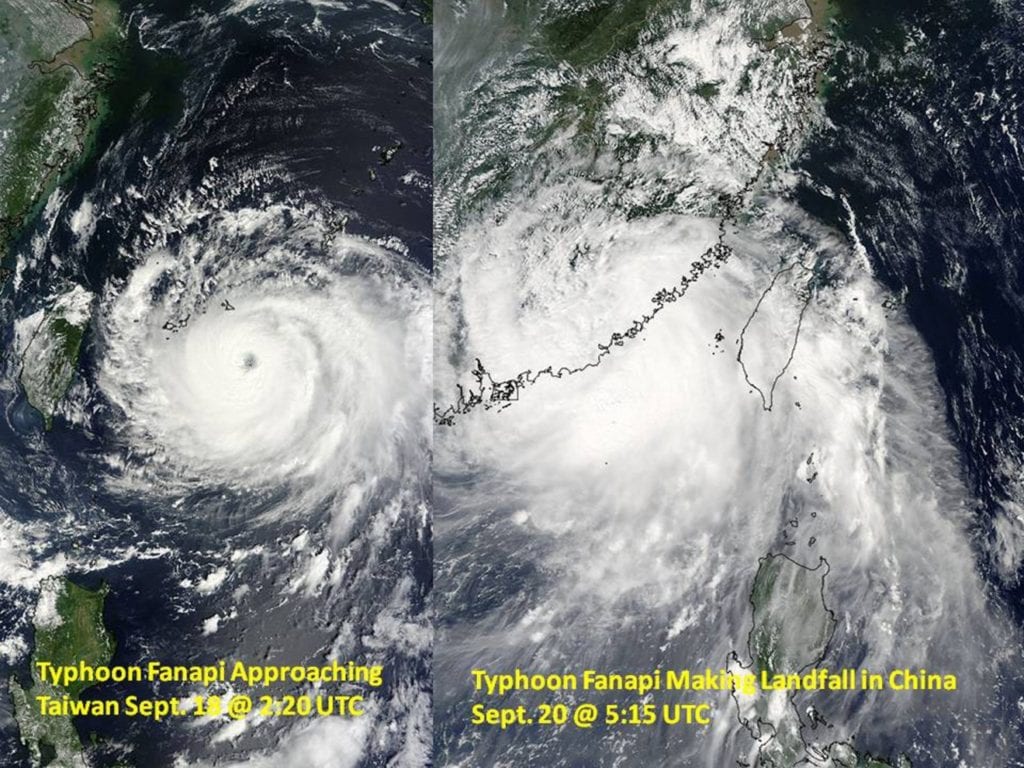 These two images of Typhoon Fanapi from the MODIS instrument on two NASA satellites. The image of Fanapi approaching Taiwan (left) was captured on Sept. 18, 2010, at 220 UTC from NASA's Terra satellite. The image of Fanapi making landfall in China from was captured on Sept. 20, 2010, at 05:15 UTC from NASA's Aqua Satellite.  Credit: NASA/MODIS Rapid Response Team