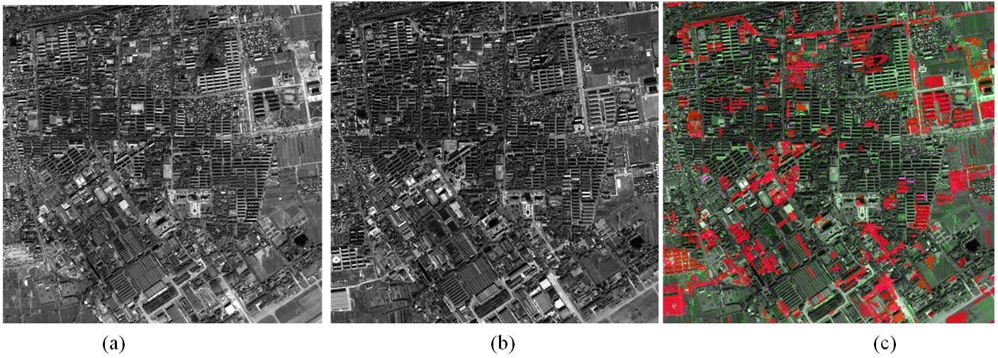 Before (a) and after (b) image over Beijing and the corresponding Worldview-1 change detection map (c). 