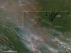 Fires represented by red squares in Guatemala and Mexico on April 10th, 2005. Photo source: Earth Observatory