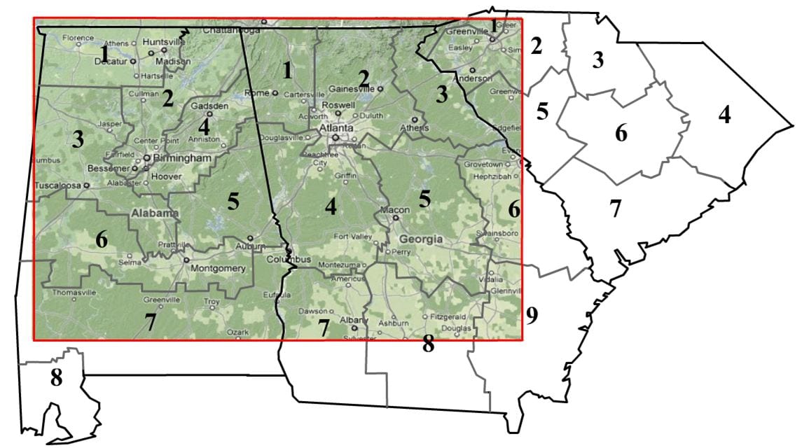 ap of climate division boundaries for Alabama, Georgia, and South Carolina. 