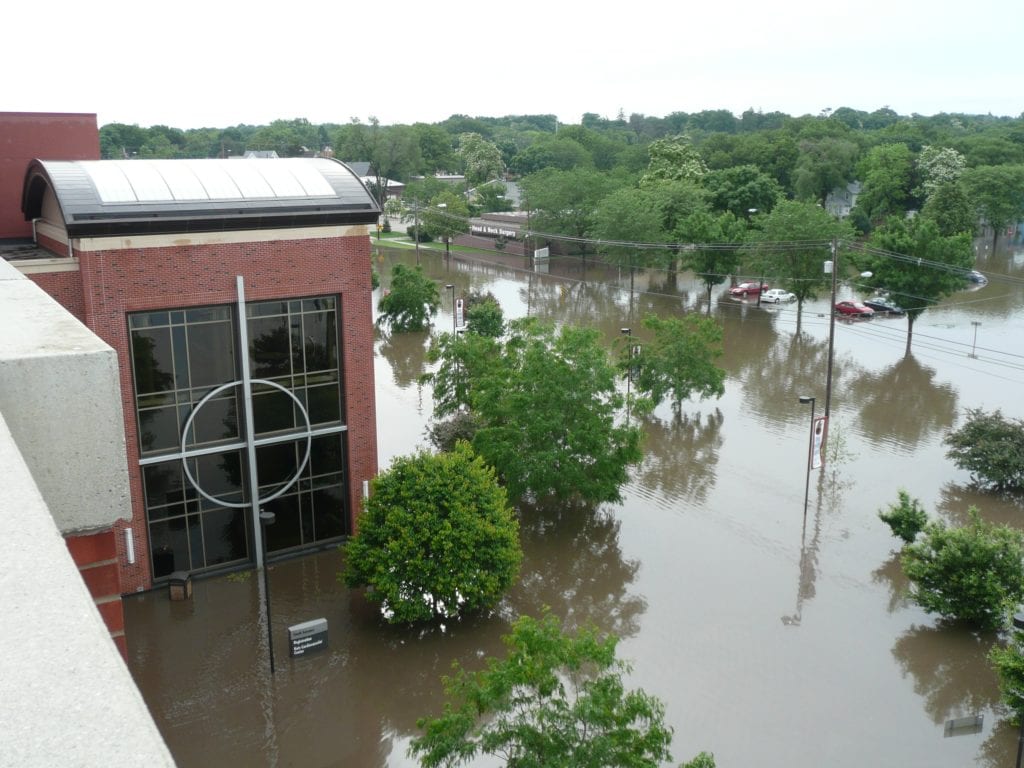 image showing Historic flood levels inundate Mercy Medical Center (Cedar Rapids, IA) first floor and basement levels. Photo by Dr. Blaine Houmes/Mercy Medical Center