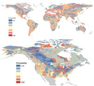 Global permeability map as well as a higher resolution North American map. Image Source: SciDev courtesy of Geophysical Research Letters. 