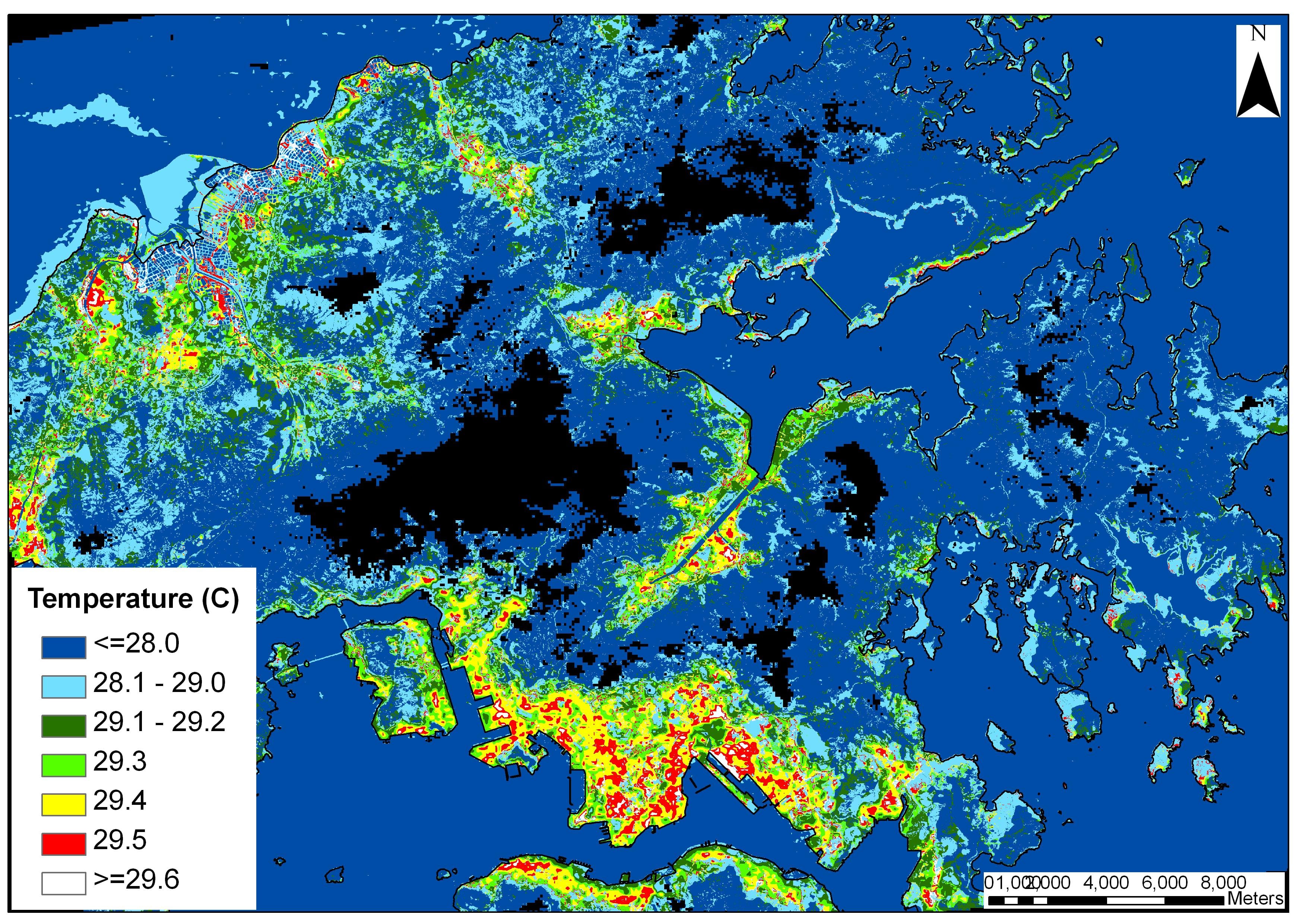 Image of Summer nighttime air temperature image of Hong Kong derived from ASTER. The urbanized Kowloon Peninsula is at lower center, and shows the highest temperatures. 