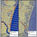 Normalized Difference Vegetation Index (NDVI) maps were created from NASA and USGS Landsat 7 Enhanced Thematic Mapper + (left) and Landsat 5 Thematic Mapper images (right). They were used to show loss of vegetation along the coast of Miyagi, Japan, an area severely impacted by the tsunami.
