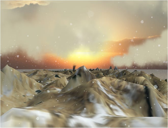 Screen shot from the HIVE's (Highly-portable Immersive Virtual Environment) test of the Unity Graphics Engine. This picture is from a view on top of the Himalayas, created using NASA satellite images of Earth and elevation data from the Shuttle Radar Topography Mission. 