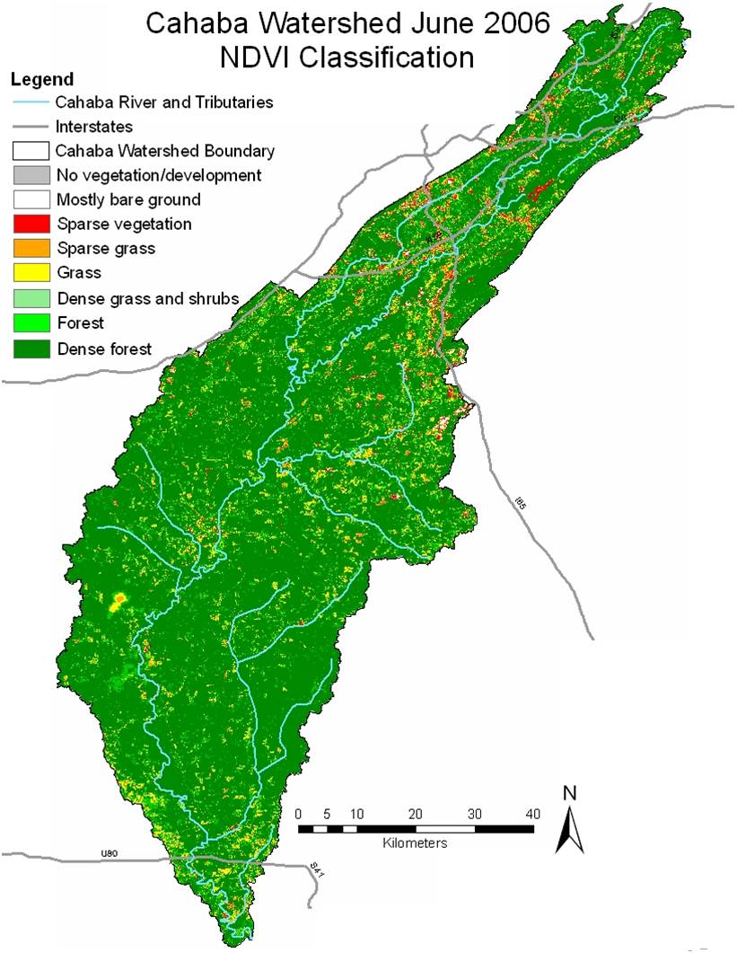 A Normalized Difference Vegetation Index (NDVI) algorithm was used to calculate the vegetation density across the Cahaba River Watershed from a Landsat 5 TM satellite image taken in June 2006. 