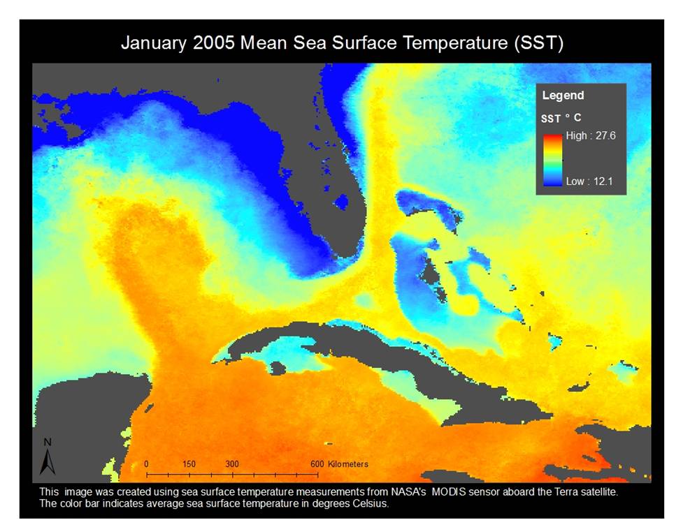 This image was created using sea surface temperature measurements from NASA's Moderate Resolution Imaging Spectroradiometer (MODIS) sensor aboard the Terra satellite. The color bar indicates average sea surface temperature in degrees Celsius for January 2005, centered on the Florida Keys region. 
