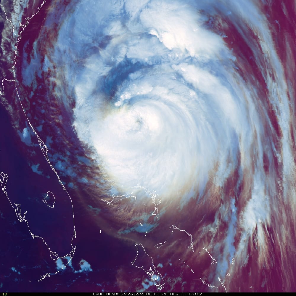 False color image of Hurricane Irene from AQUA-07, taken Aug. 26, 2011. Image Source:  Dave Santek (UW/SSEC).