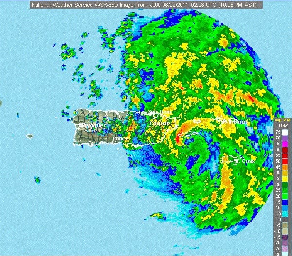Last image of Irene approaching Puerto Rico from NWS Composite radar before electricity went out 